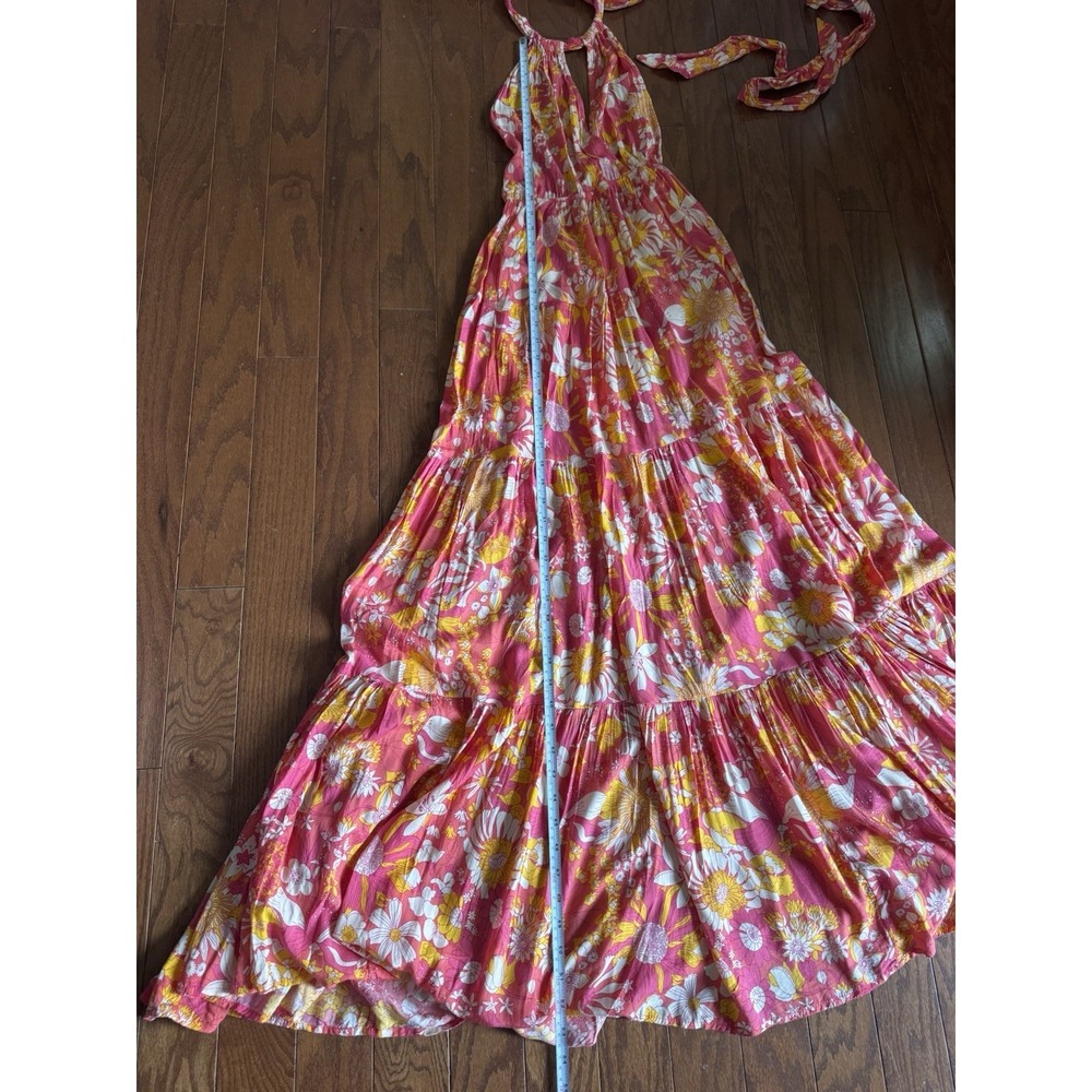 Aakaa Floral Halter Maxi Dress Sz S Boho Open Back Pink Retro Festival Rayon - Picture 7 of 9